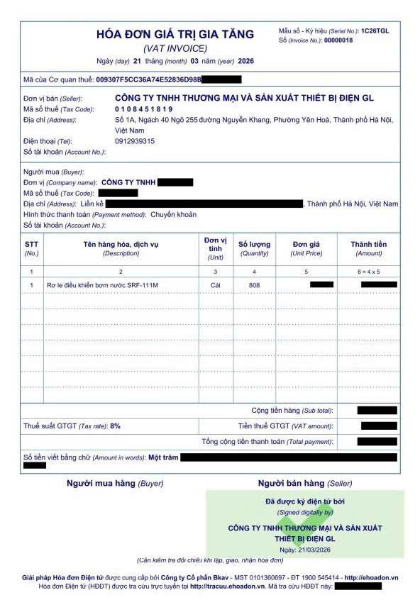 Hóa đơn 808 thiết bị SRF-111M dự án Colorhome Lê Hồ - GLELECTRIC