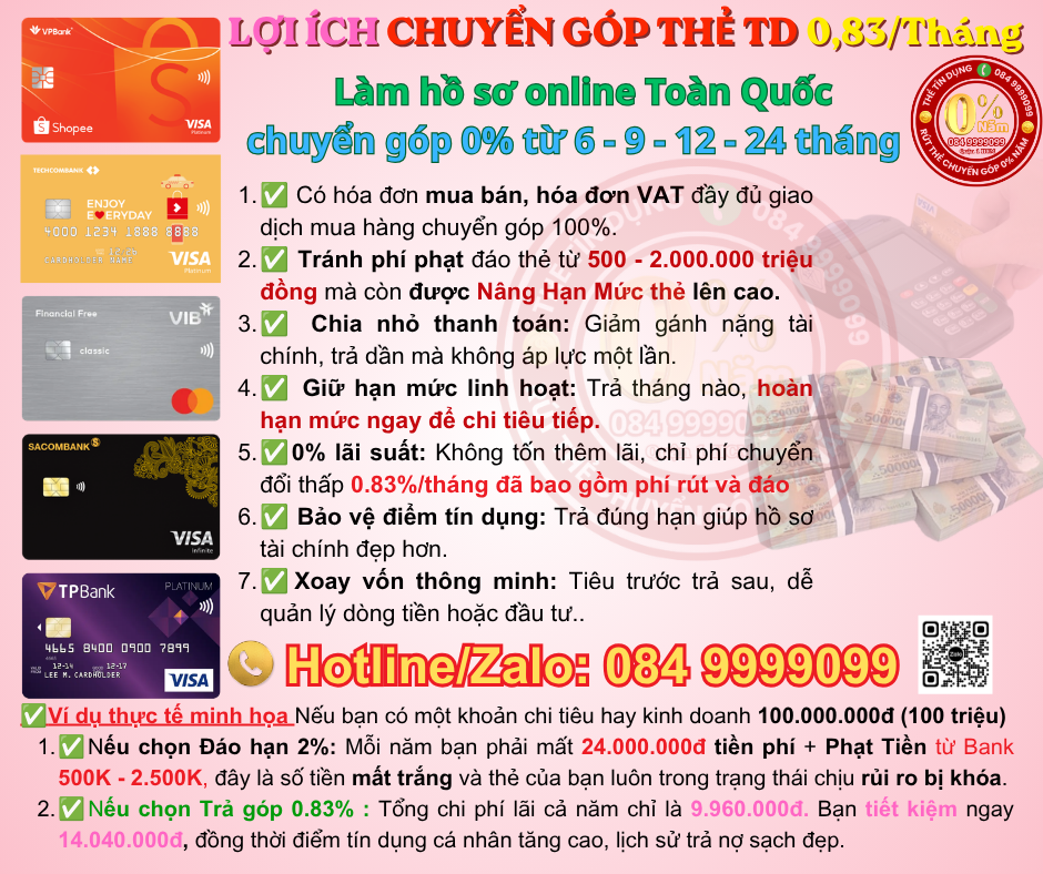 Chuyển Đổi Trả Góp Thẻ Tín Dụng Online Toàn Quốc Lãi Suất Chỉ 0,83%/Tháng – Giải Pháp Vốn Thông Minh Không Lo Bị Phạt Đáo Hạn