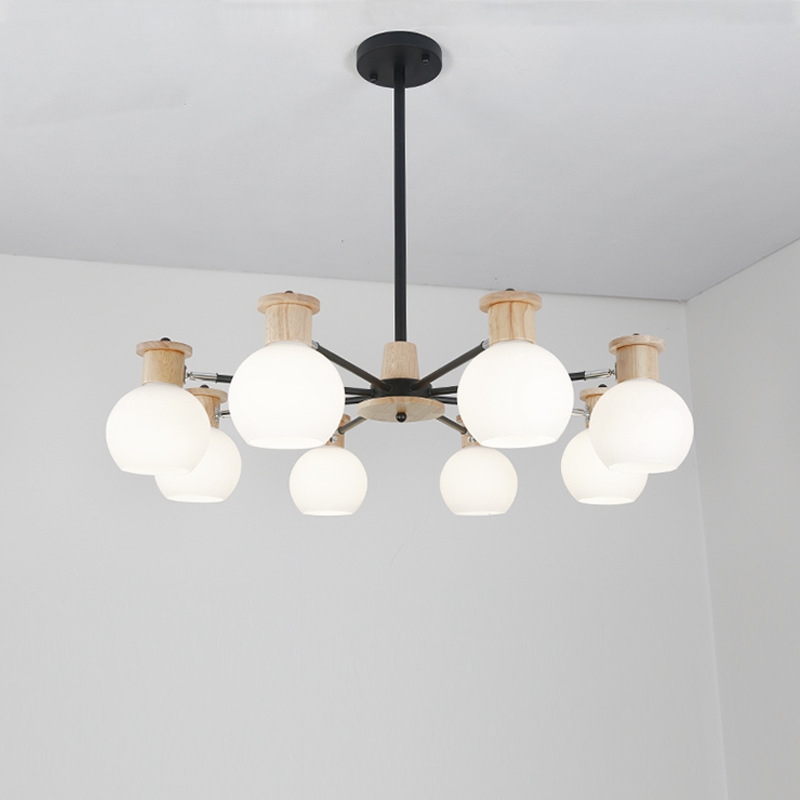 Thiết kế đơn giản trục kim loại sơn tĩnh điện chống gỉ với 8 cánh tay đui gỗ, chụp đèn thủy tinh hình cầu trắng mờ tản sáng tốt
