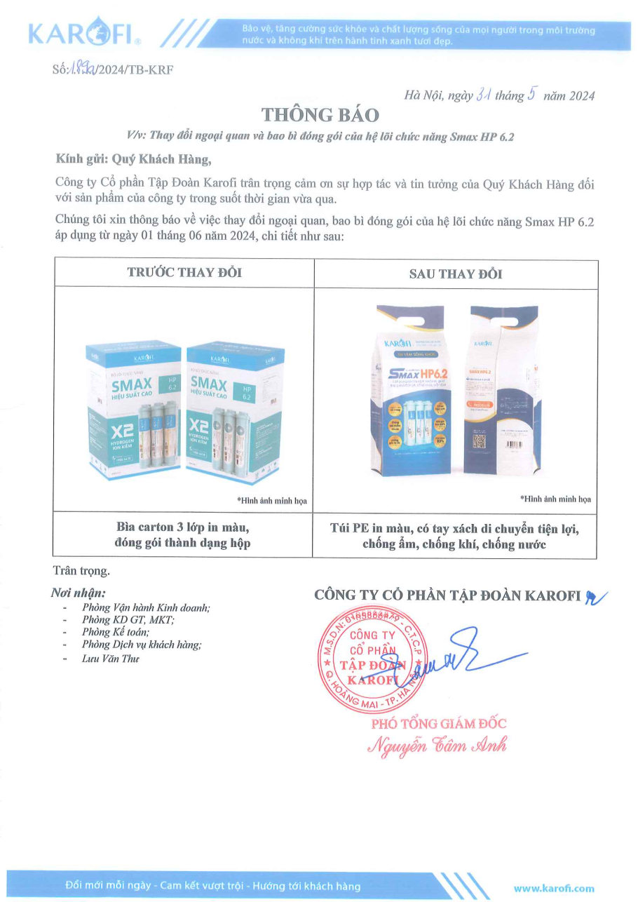 Thông báo thay đổi bao bì bộ lõi chức năng Karofi HP 6.2