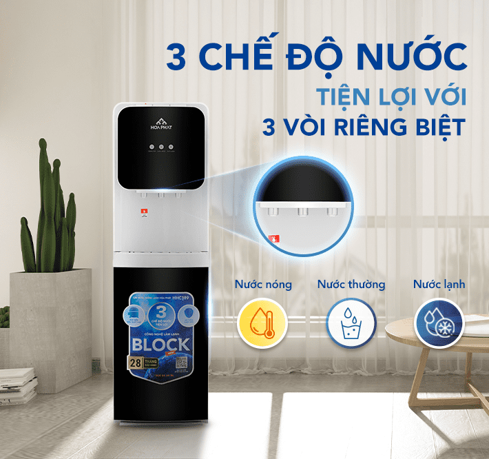 Cây nước nóng lạnh Hòa Phát HHC389 trang bị 3 vòi riêng biệt với 3 chế độ Nóng - Lạnh - Nguội