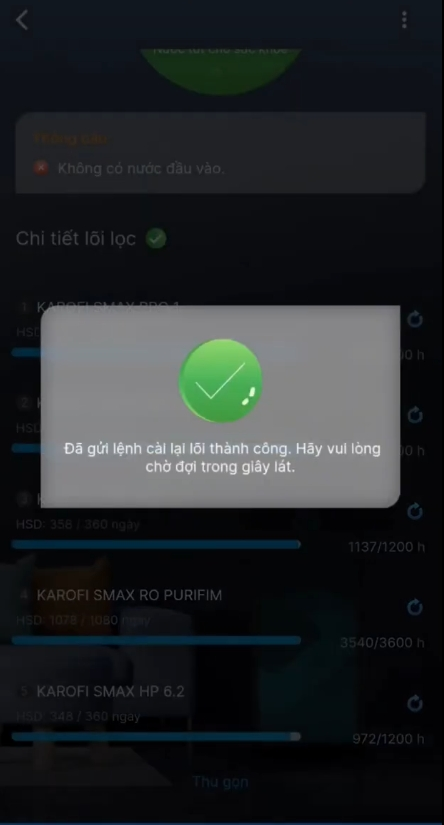 Màn hình thông báo cài đặt lại lõi thành công
