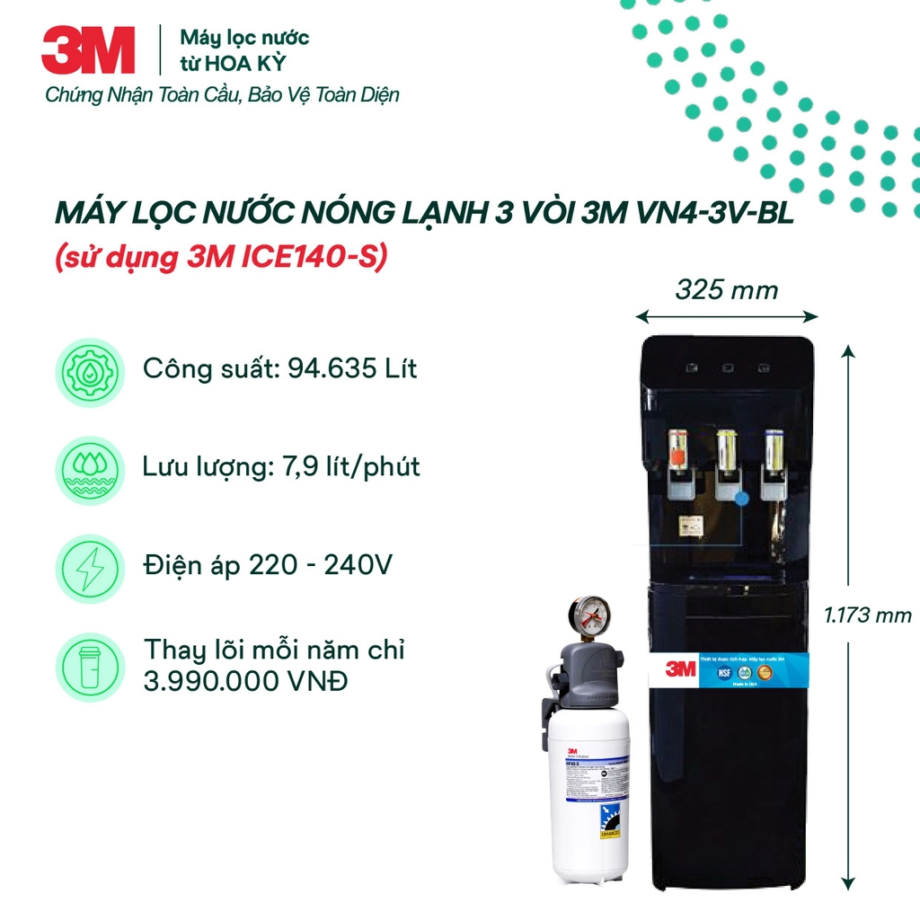 Tính năng nổi bật của cây lọc nước nóng lạnh 3M VN4-3V-BL