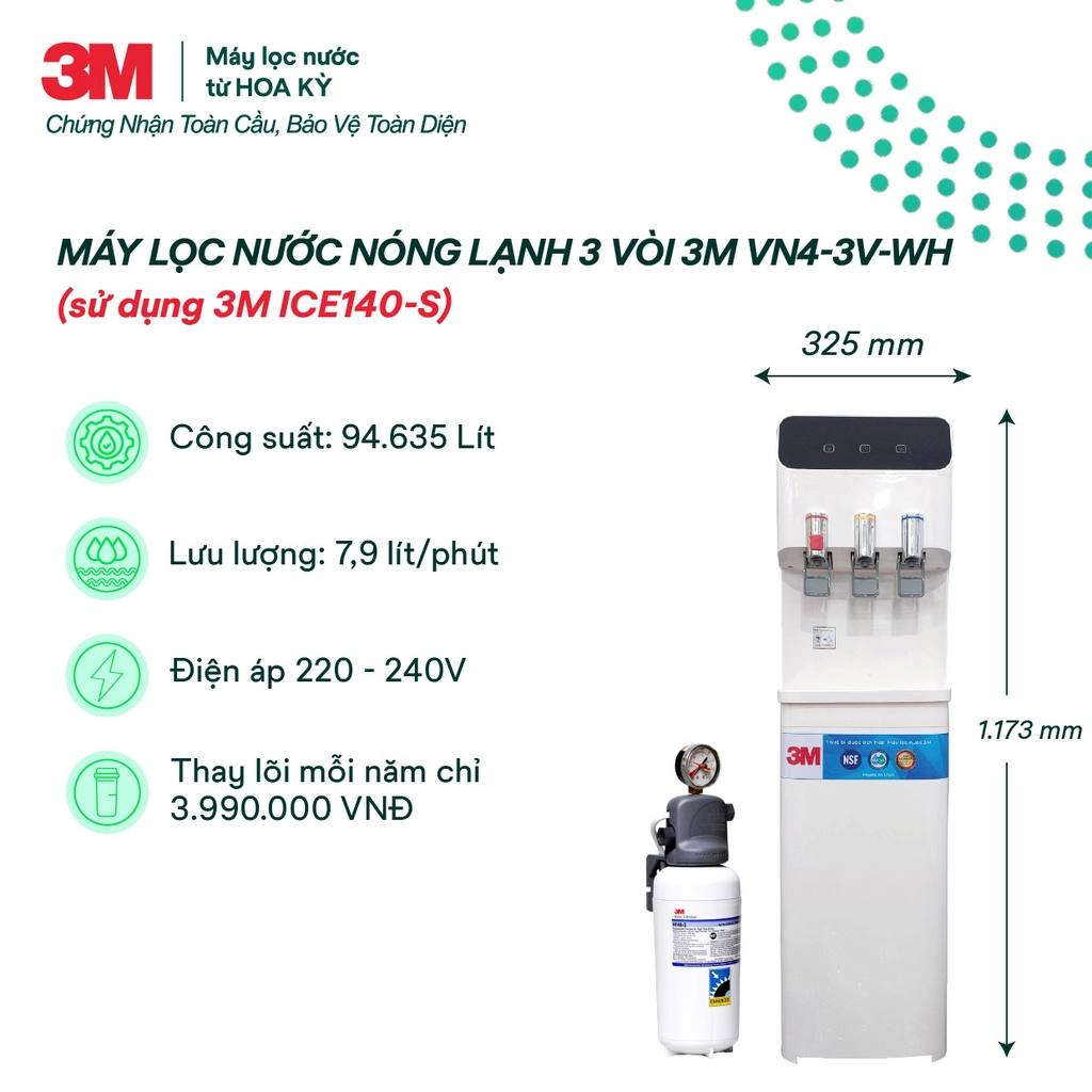 Tính năng nổi bật của cây lọc nước nóng lạnh 3M VN4-3V-WH
