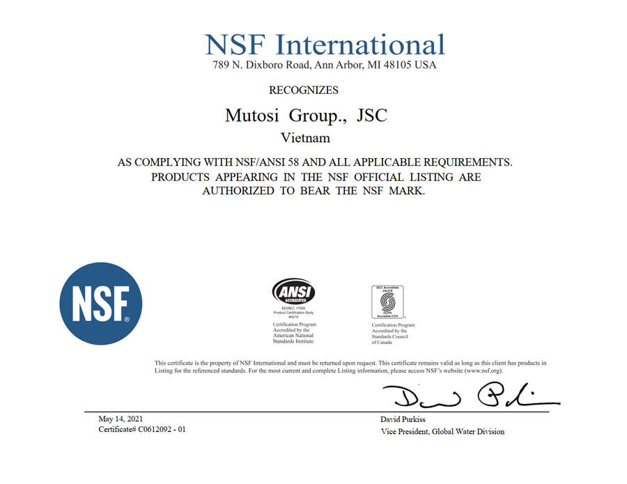 Màng RO Mutosi đạt tiêu chuẩn NSF/ANSI 58