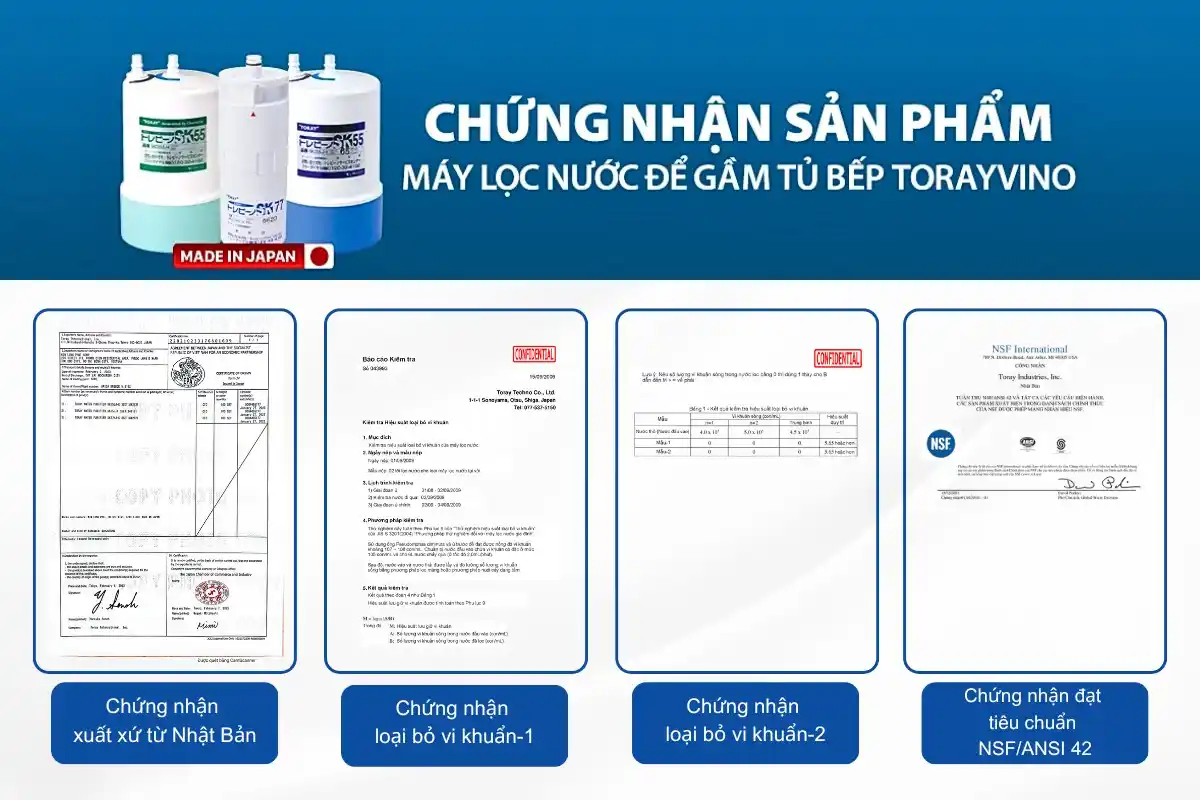 Chứng nhận sản phẩm máy lọc nước Torayvino