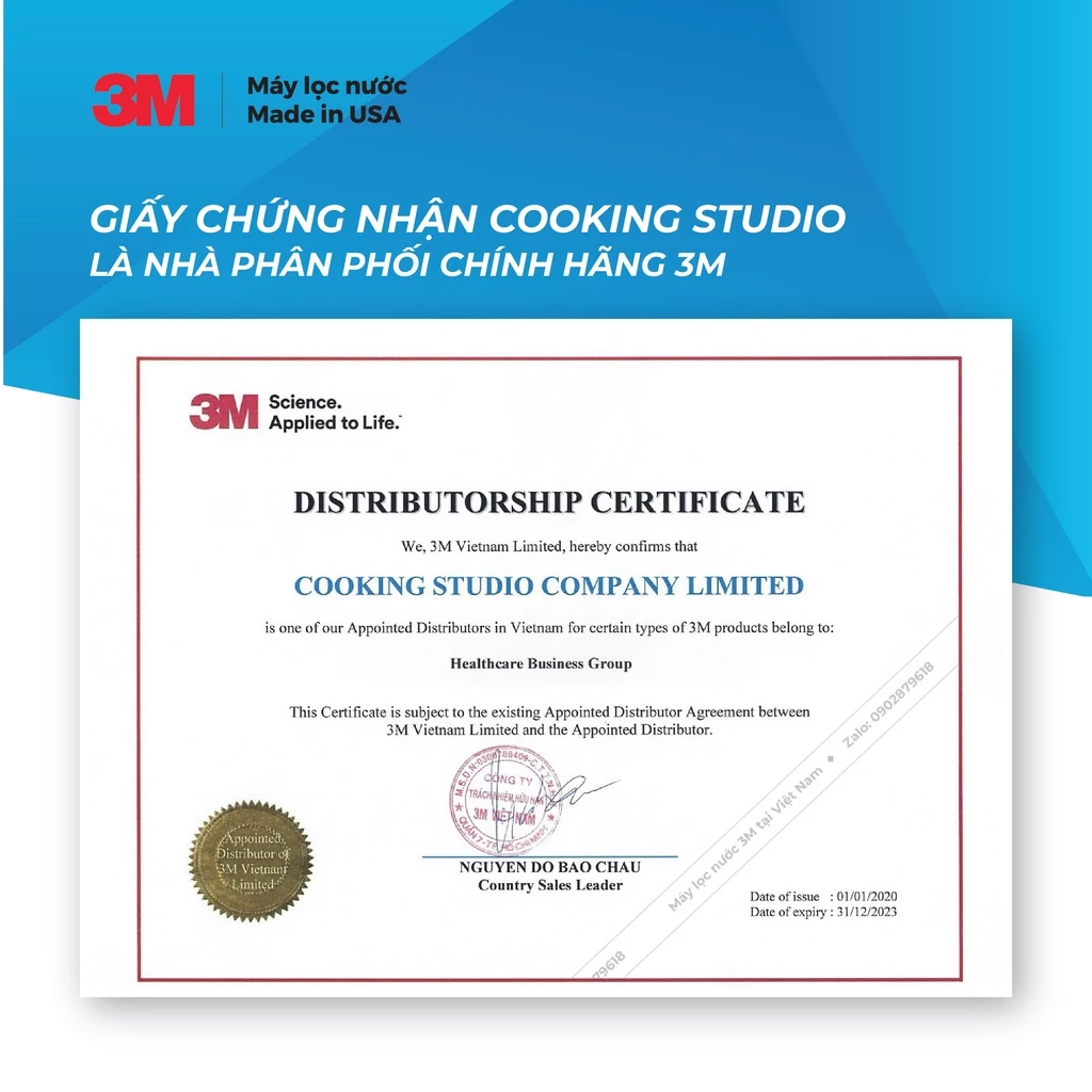Giấy chứng nhận Cooking Studio là nhà phân phối chính hãng máy lọc nước 3M