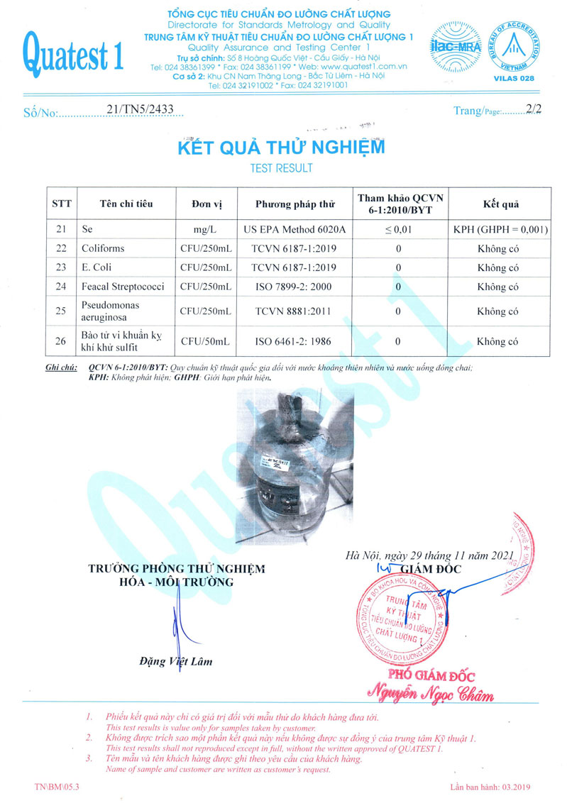 Kết quả thử nghiệm nước từ Quatest 1