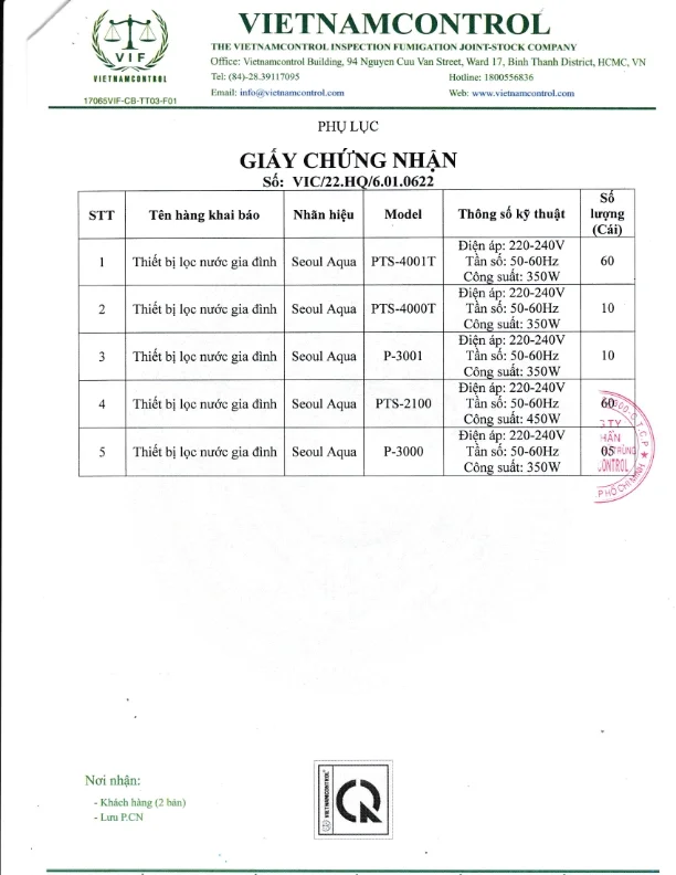 Giấy chứng nhận nước sau lọc PTS-2100