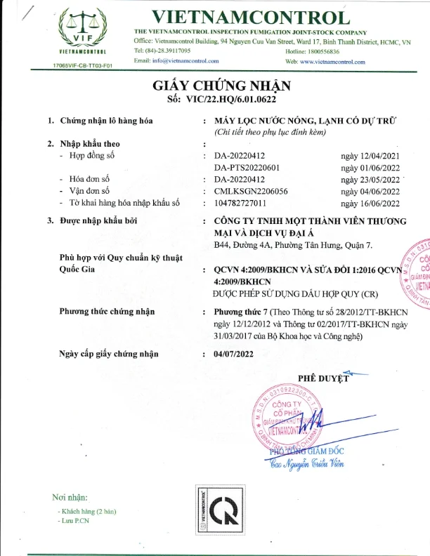 Giấy chứng nhận nước sau lọc PTS-2100