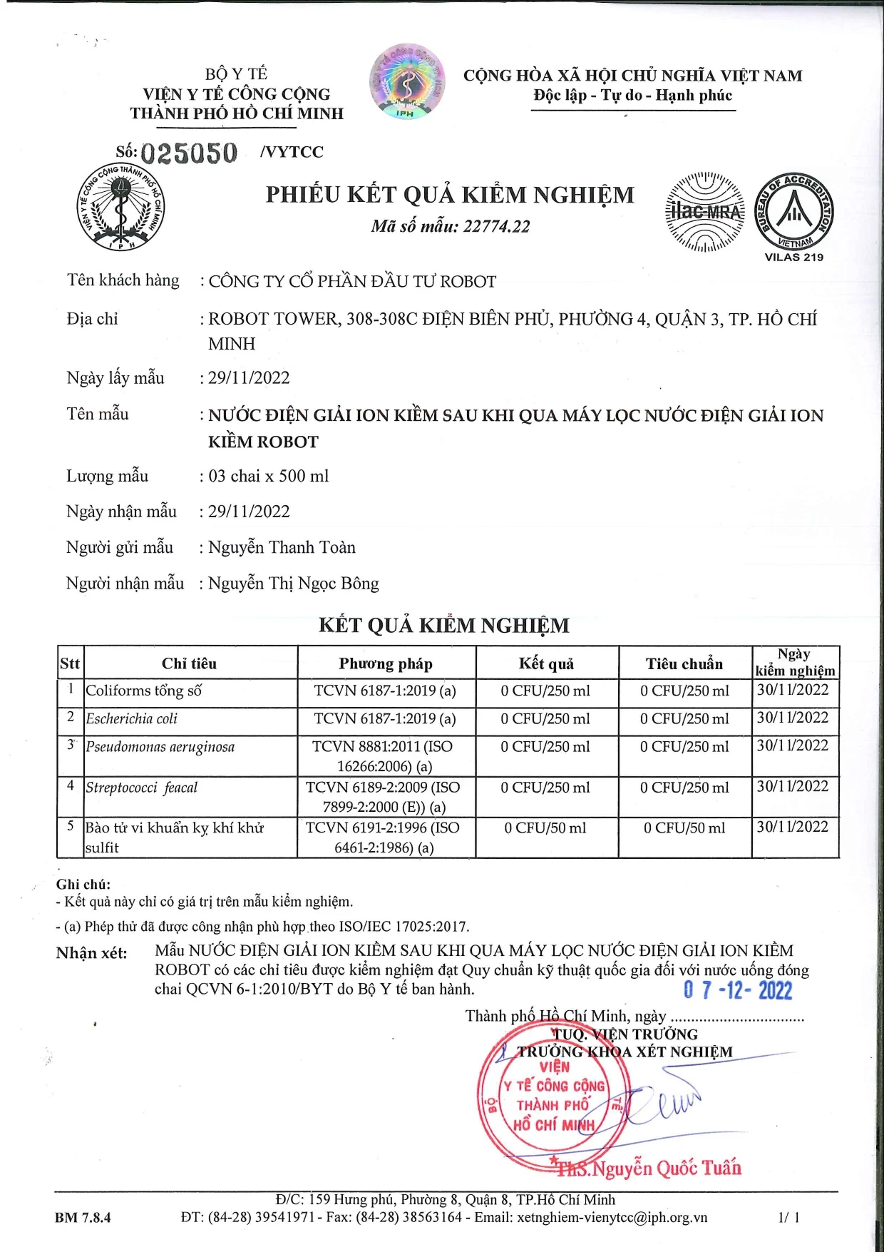 Kết quả kiểm nghiệm của IONPRINCE 79