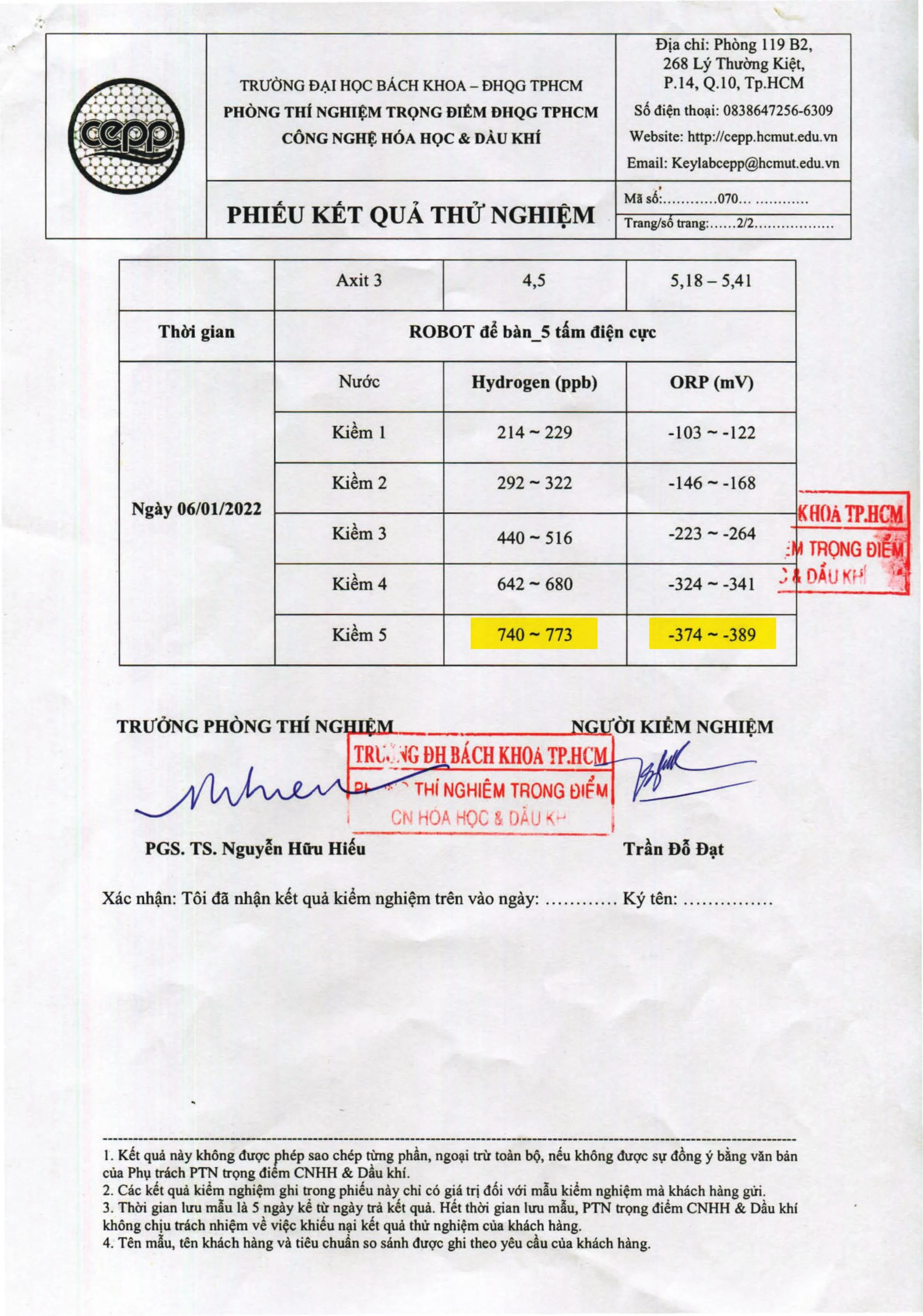 Kết quả kiểm nghiệm của IONPRINCE 511