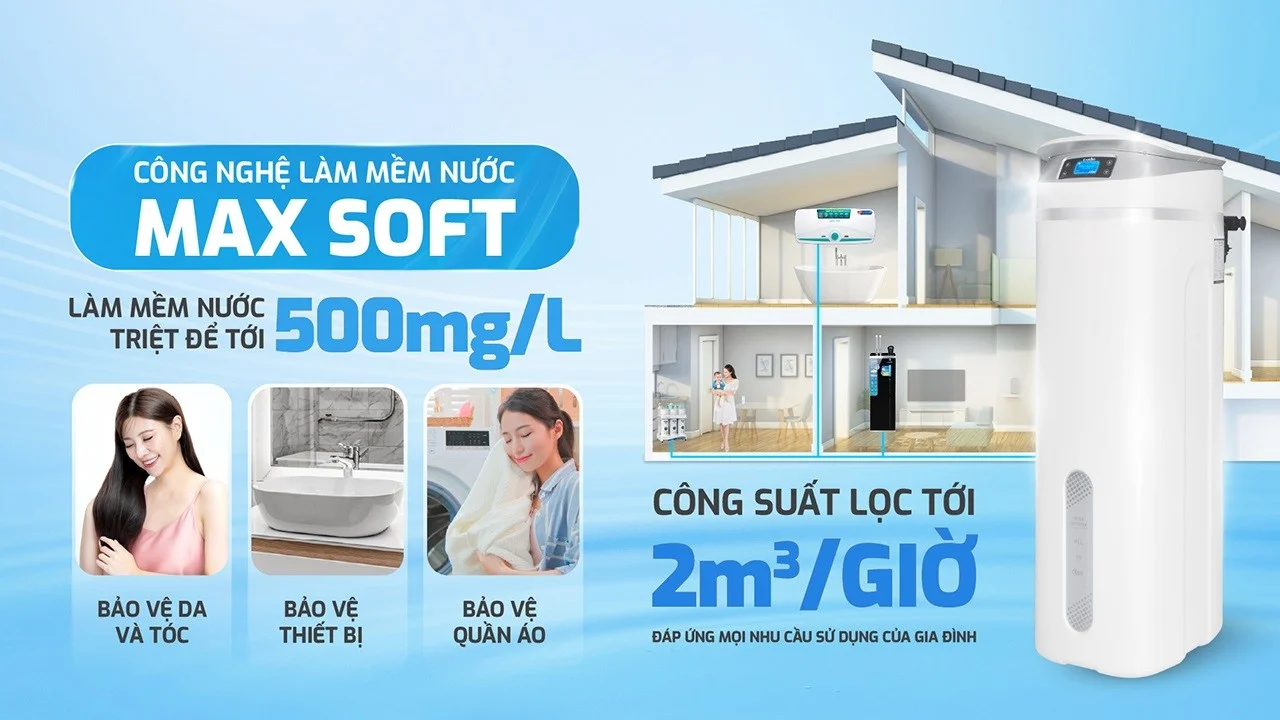 Công suất lọc và làm mềm nước triệt để giúp bảo vệ sức khỏe cũng như thiết bị đồ dùng trong gia đình