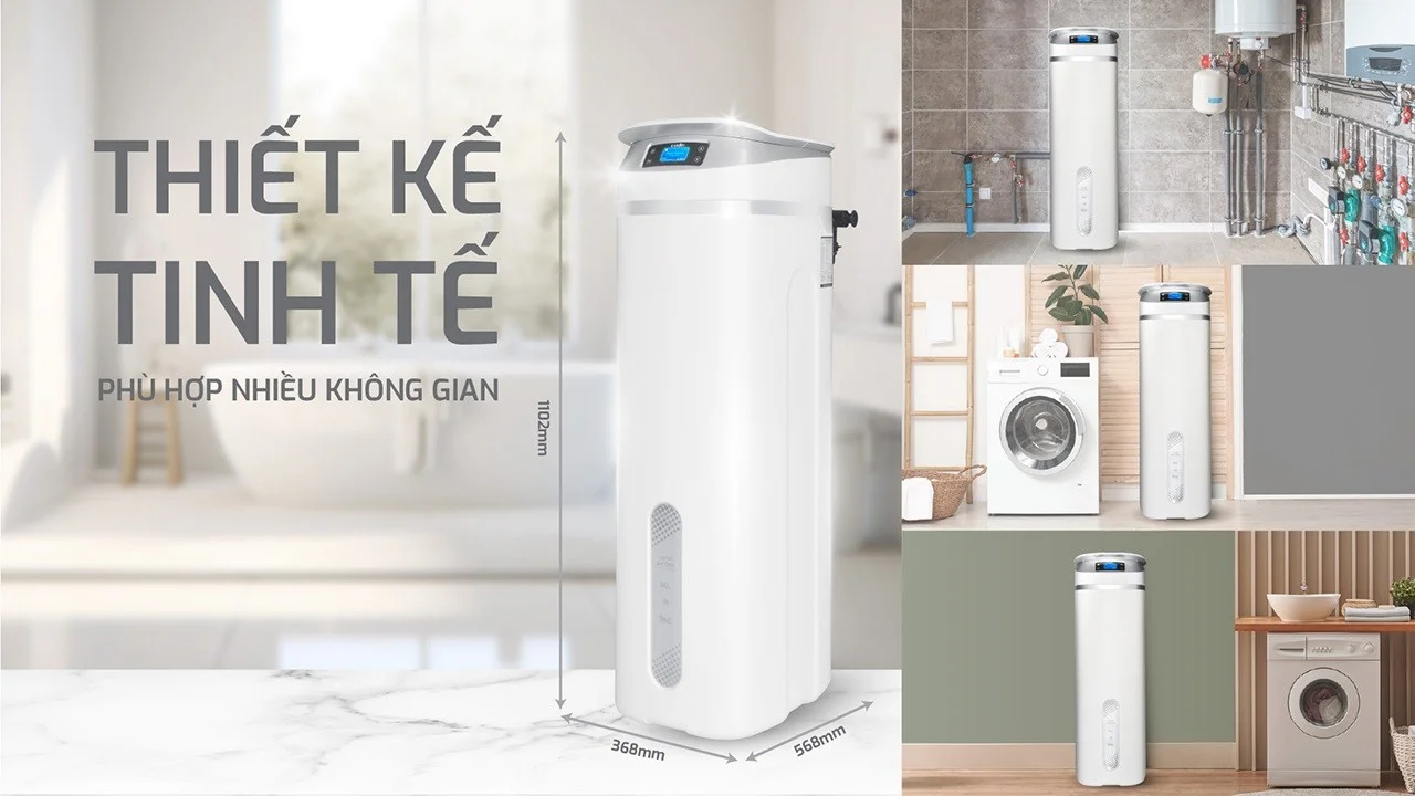 Thiết bị có thiết kế nhỏ gọn, dạng tủ đứng hình trụ màu trắng