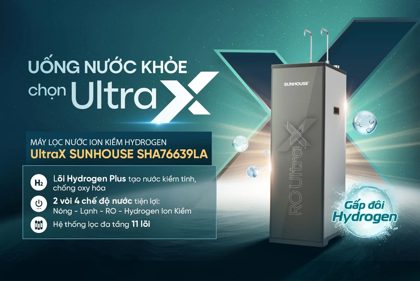 Giới thiệu về máy lọc nước nóng lạnh Hydrogen UltraX Sunhouse SHA76639LA 11 lõi
