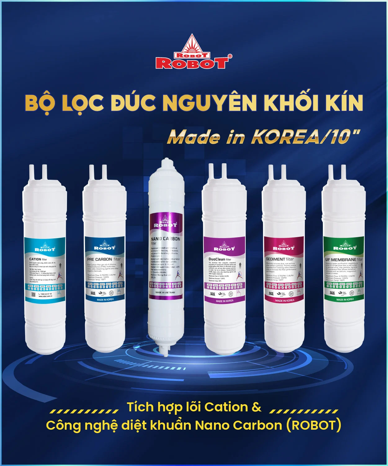 Hệ thống 6 lõi lọc sử dụng công nghệ lọc UF tiên tiến Hàn Quốc