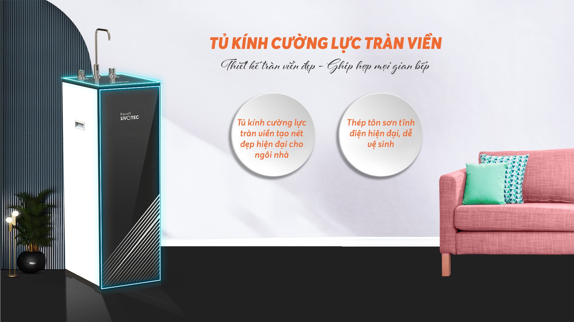 Máy lọc nước lạnh nguội Livotec 600 với thiết kế tủ kính tràn viền