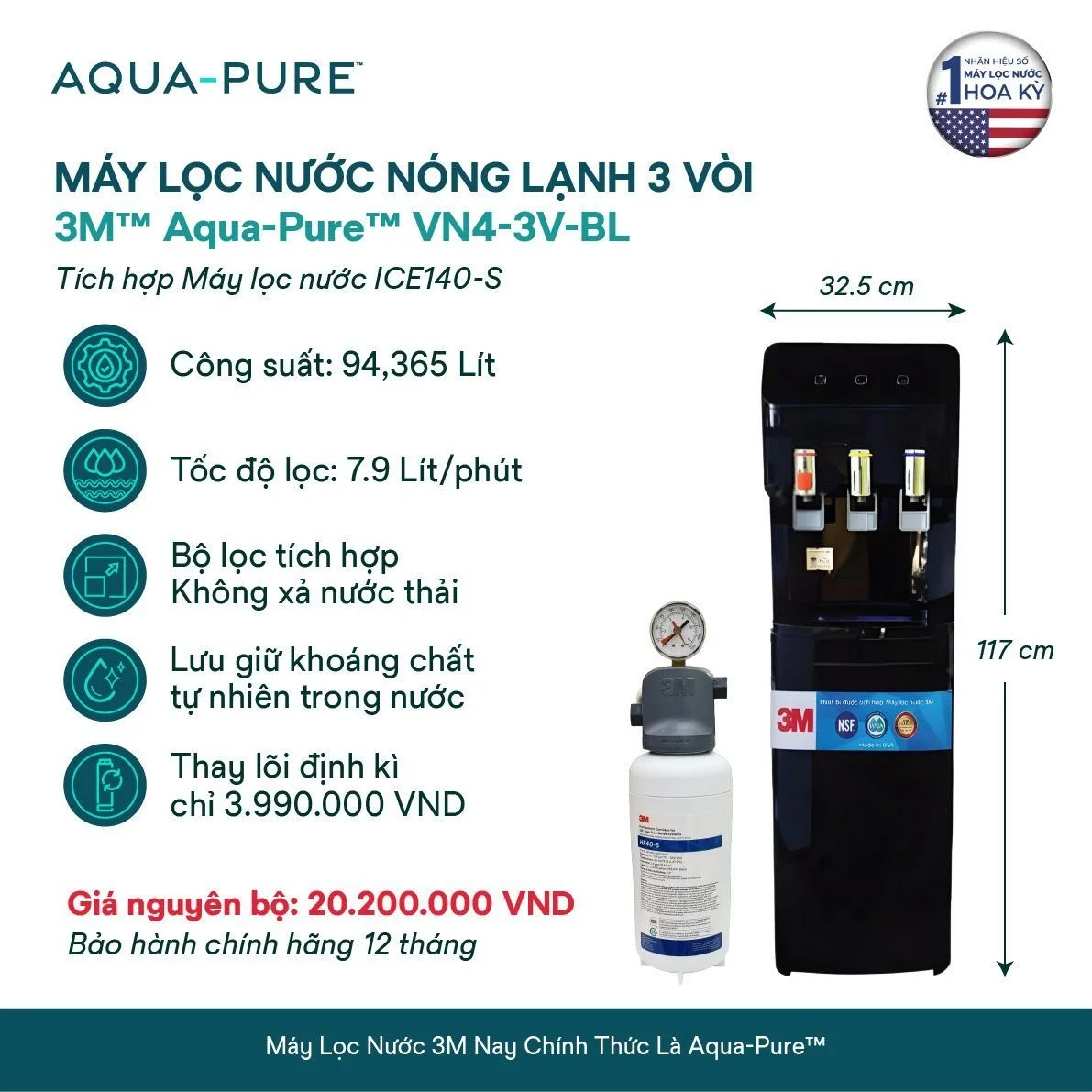 Máy lọc nước Nano ICE140-S được tích hợp bên trong cây lọc nước nóng lạnh Aqua-Pure™ VN4-3V-BL