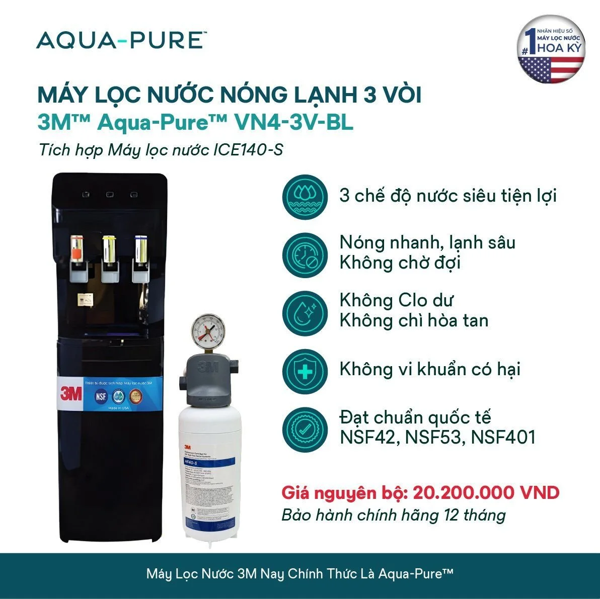 Máy lọc nước Nano ICE140-S được tích hợp bên trong cây lọc nước nóng lạnh Aqua-Pure™ VN4-3V-BL