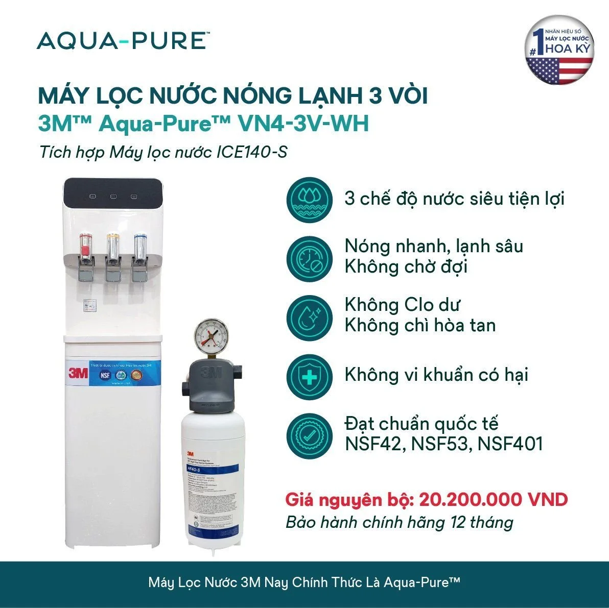 Máy lọc nước Nano ICE140-S được tích hợp bên trong cây lọc nước nóng lạnh Aqua-Pure™ VN4-3V-WH
