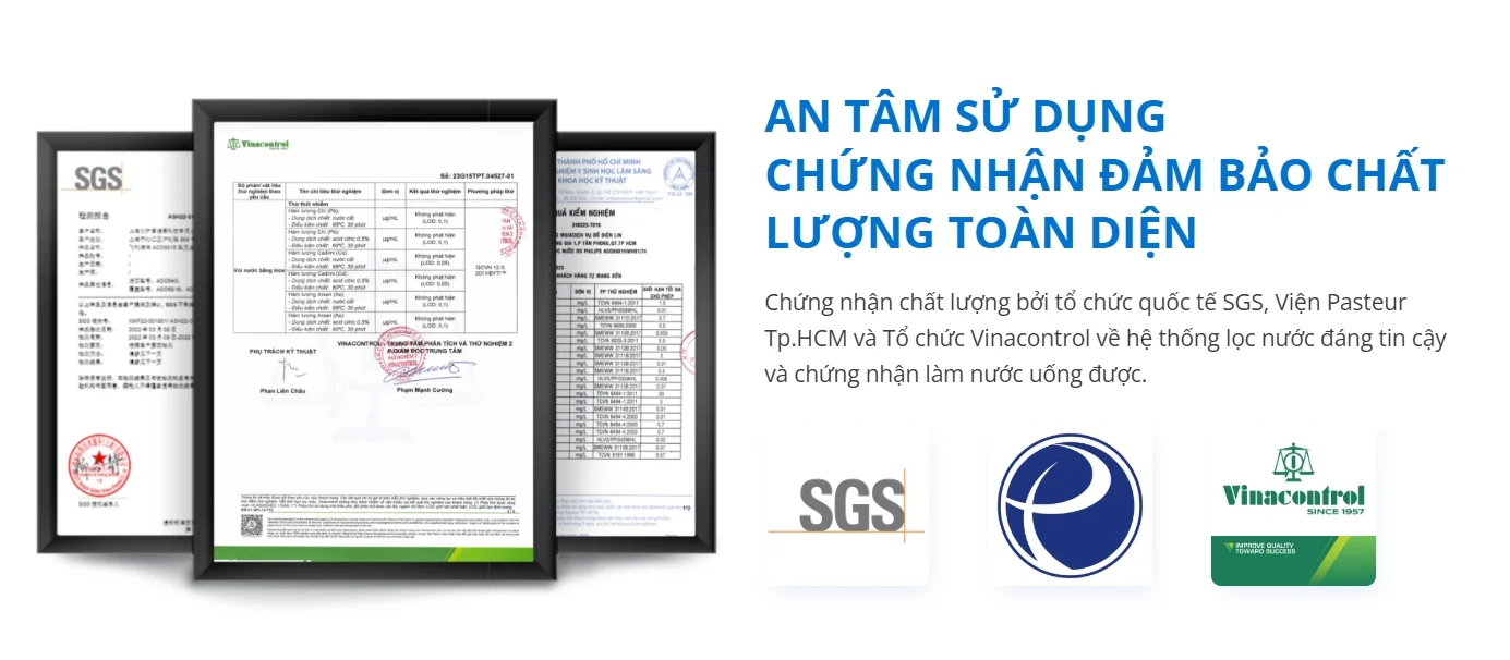 Đạt chứng nhận từ SGS, viện Pasteur và tổ chức Vinacontrol