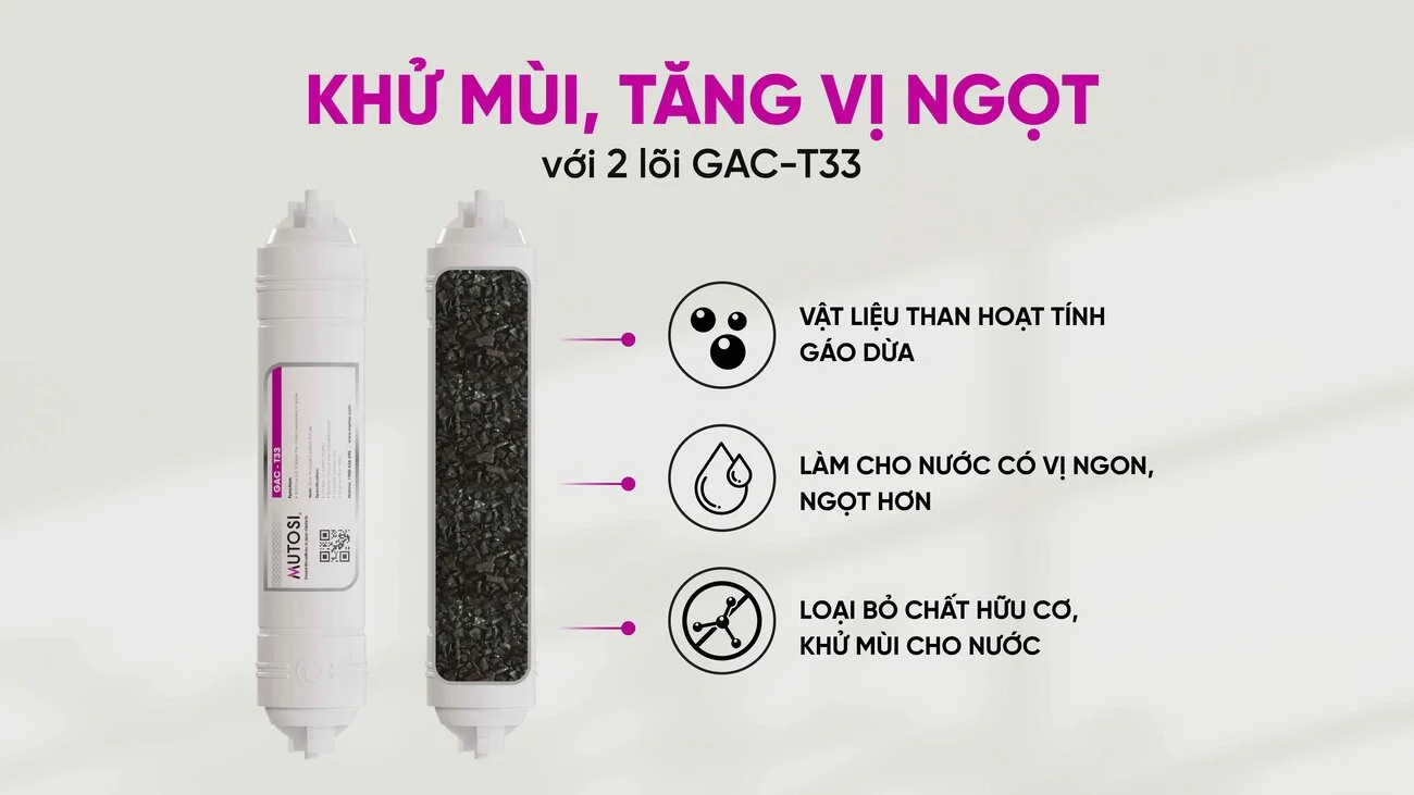 2 lõi T33-GAC được làm từ than hoạt tính gáo dừa giúp nhân đôi hiệu lọc màu mùi vị