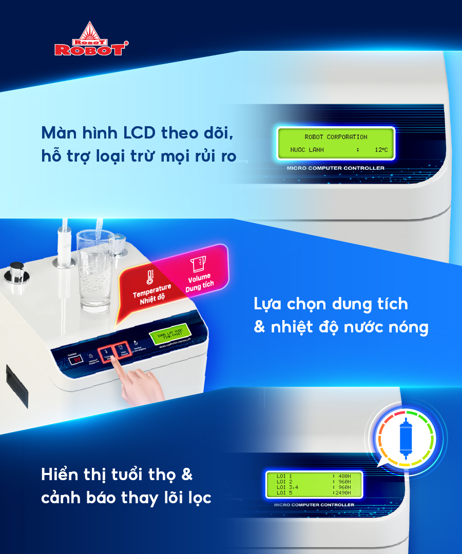 Màn hình thể hiện thời gian thay lõi, lấy nước nóng dễ dàng cùng phím cảm ứng an toàn