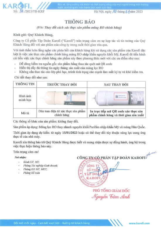 Thay đổi cách xác thực sản phẩm màng RO chính hãng Karofi