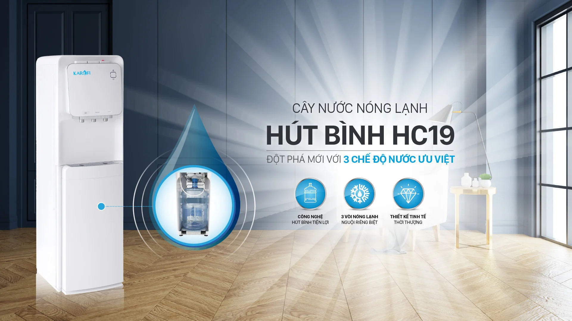 Giới thiệu cây nước nóng lạnh úp bình Karofi HC19