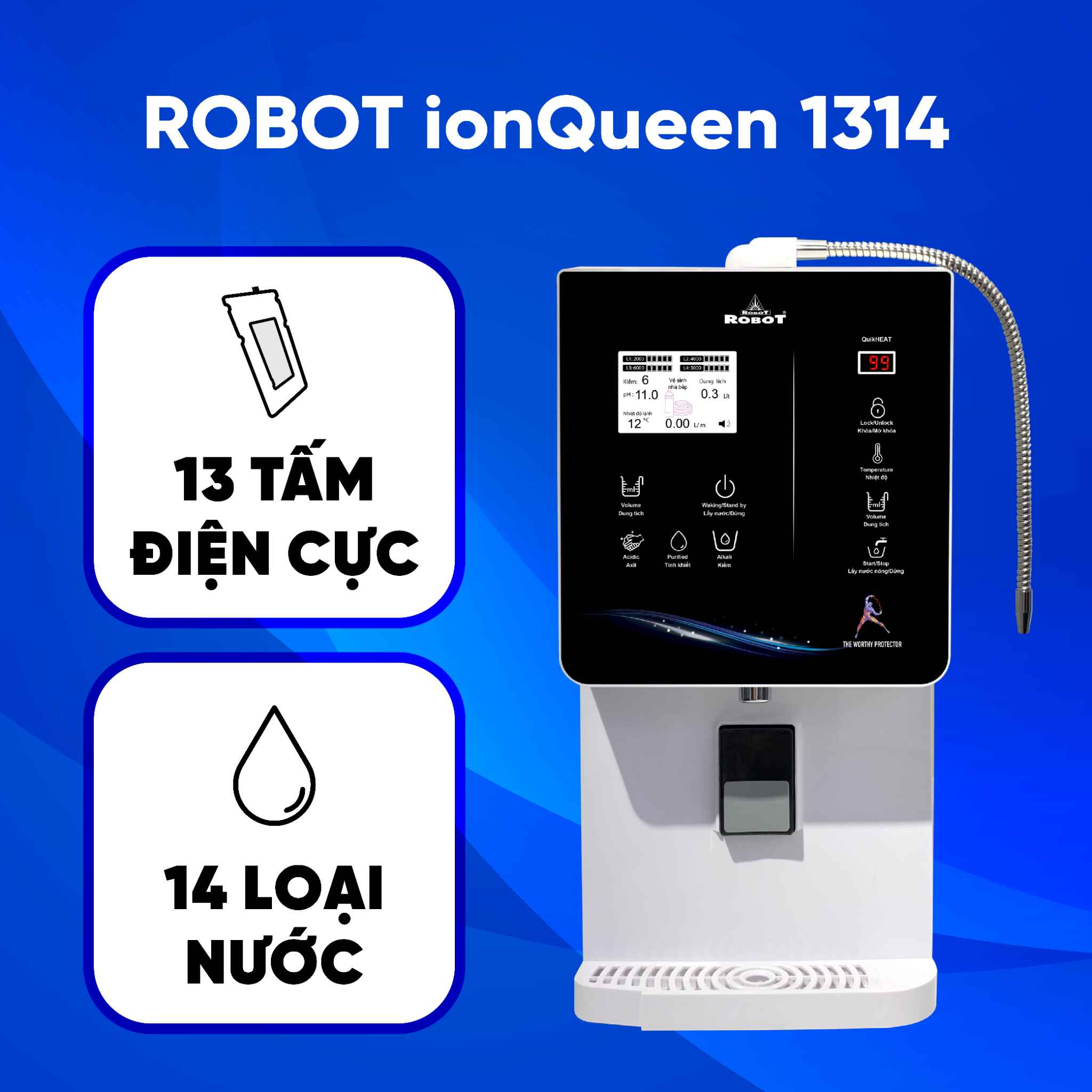 Máy lọc nước ION Kiềm Robot nóng lạnh IONQUEEN 1314 để bàn