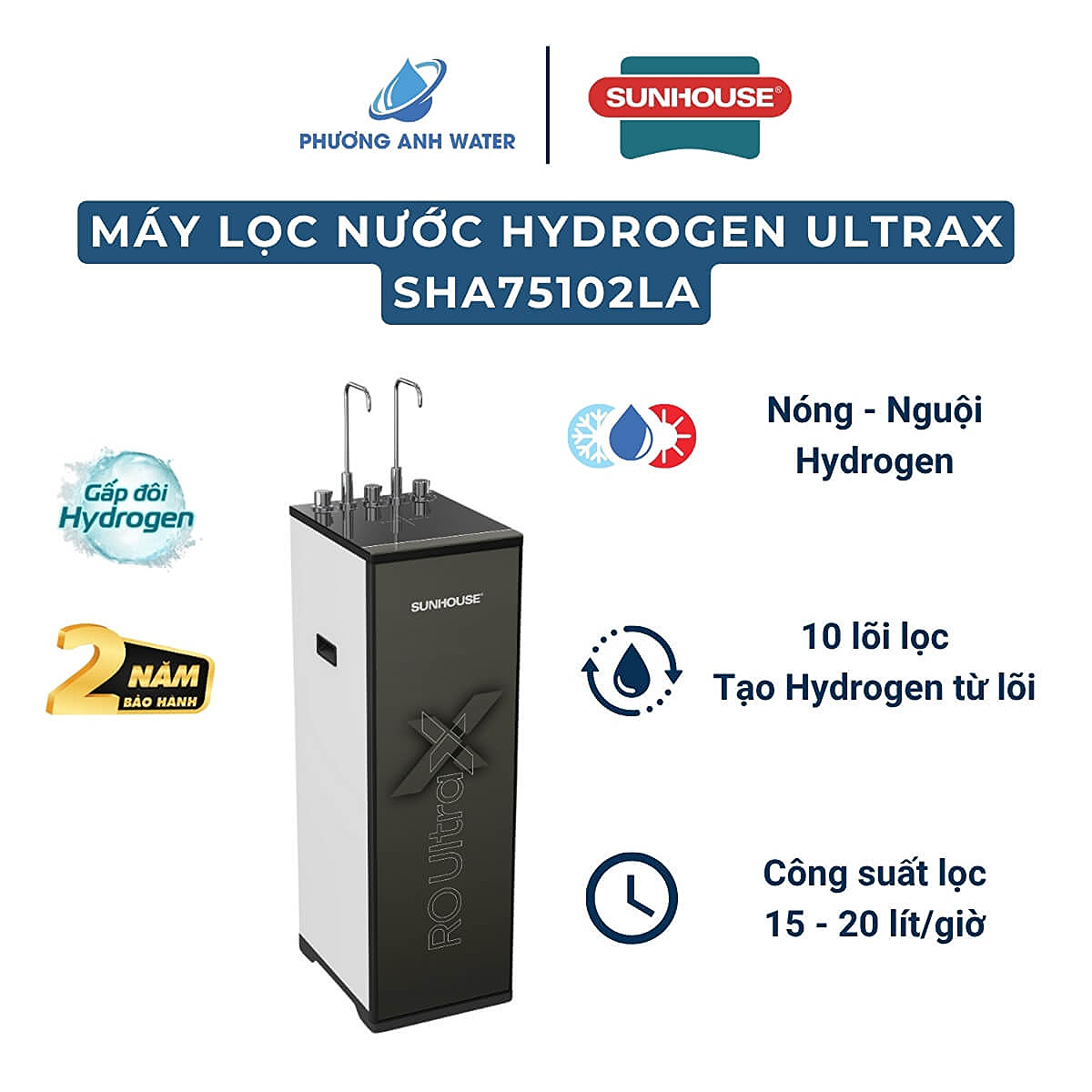 Máy lọc nước nóng nguội Hydrogen UltraX Sunhouse SHA75102LA