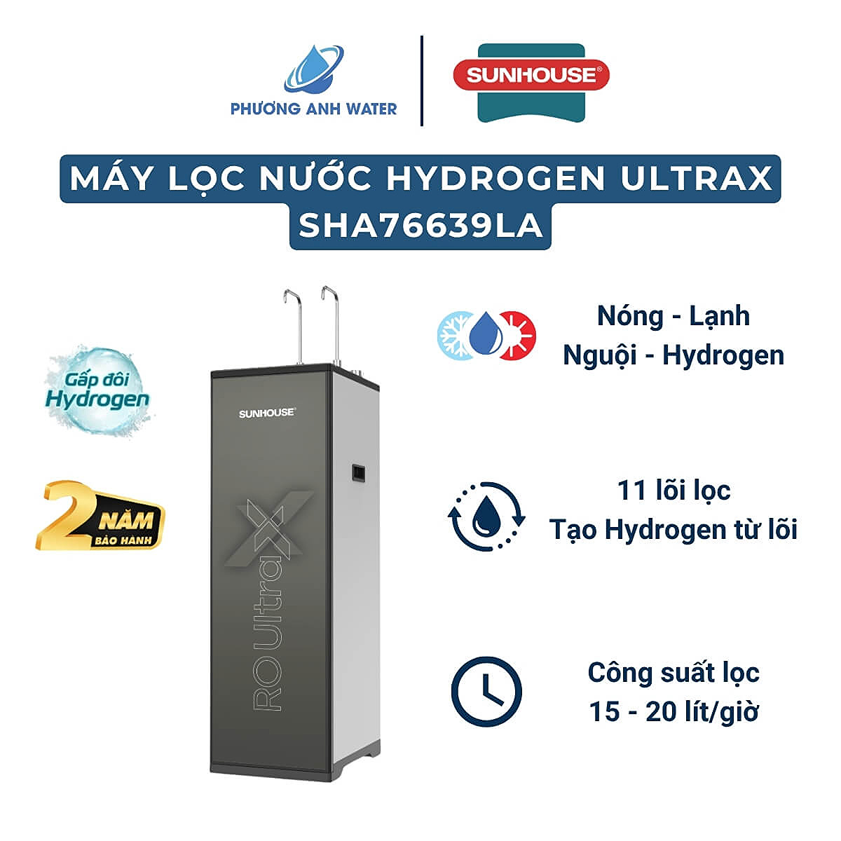 Máy lọc nước nóng lạnh Hydrogen UltraX Sunhouse SHA76639LA