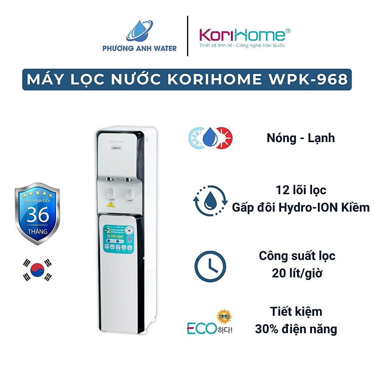 Máy lọc nước nóng lạnh Korihome WPK-968 12 lõi