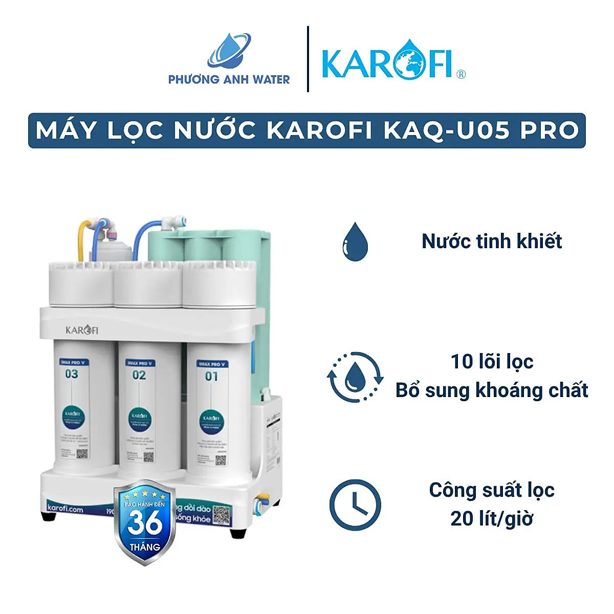 Máy lọc nước RO Karofi KAQ-U05 PRO để gầm 10 lõi