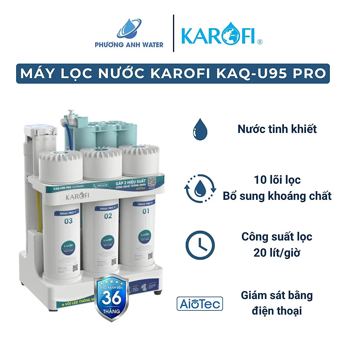 Máy lọc nước RO Karofi KAQ-U95 PRO để gầm 10 lõi