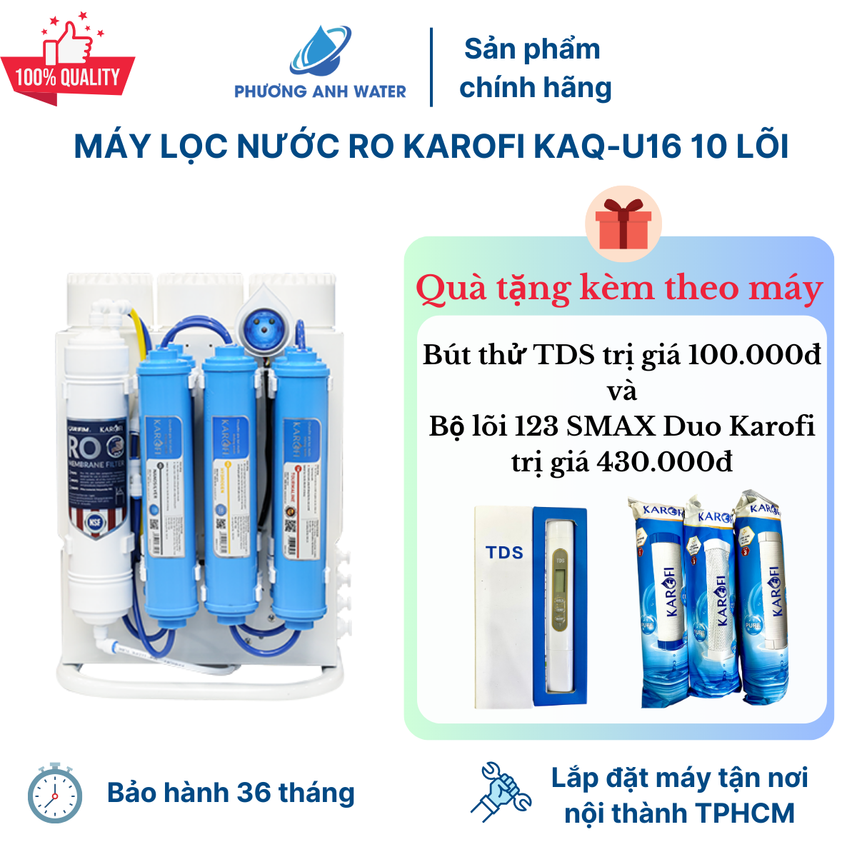 Máy lọc nước RO Karofi KAQ-U16 để gầm 10 lõi