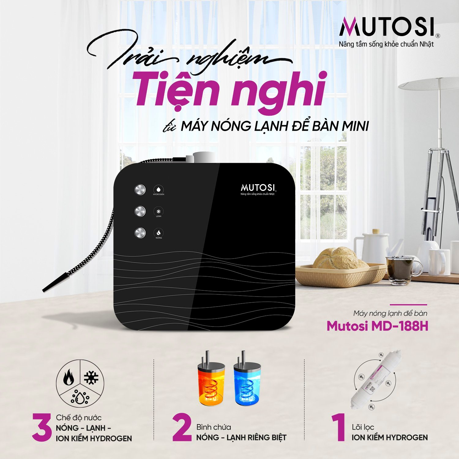 Máy nóng lạnh ION Kiềm Hydrogen Mutosi MD-188H