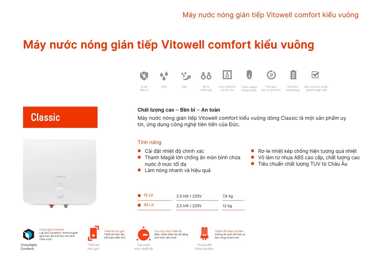 Máy nước nóng gián tiếp Vitowell Comfort Classic C2 R15 & R30