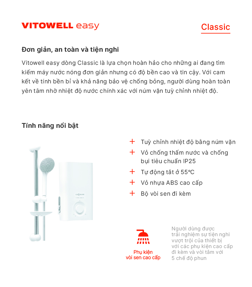 Máy nước nóng trực tiếp Vitowell easy Classic C1 45-V không bơm