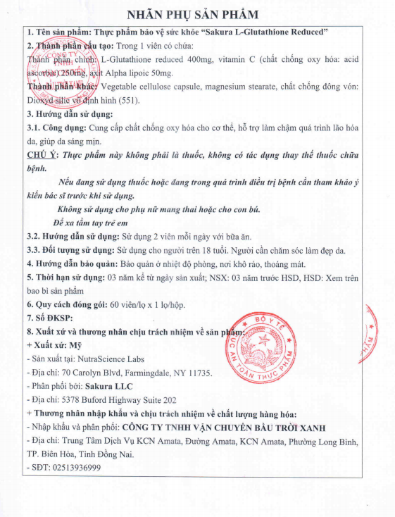 VIÊN UỐNG TRẮNG DA SAKURA L-GLUTATHIONE REDUCED