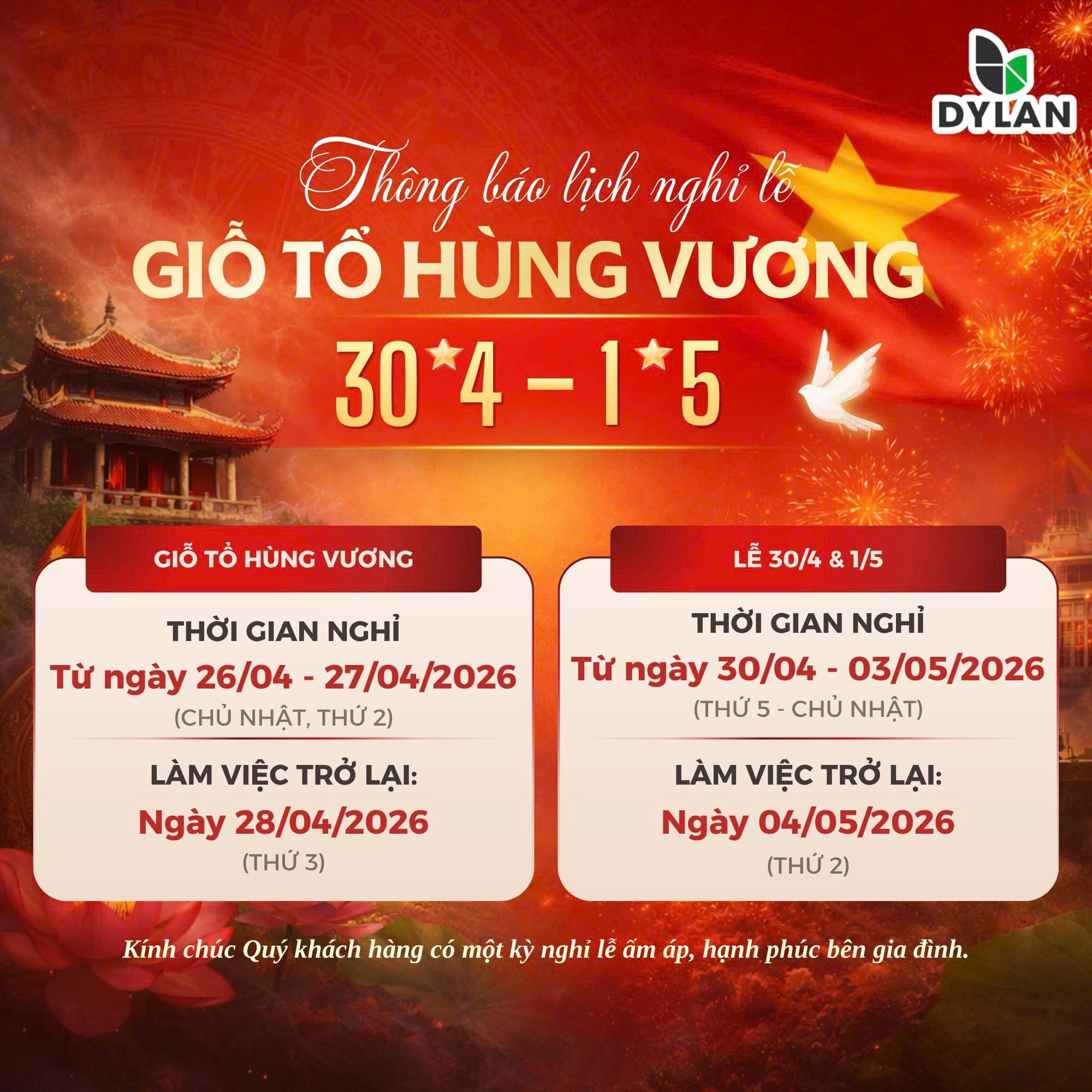 THÔNG BÁO LỊCH NGHỈ LỄ – CÔNG TY TNHH TM & DV DYLAN