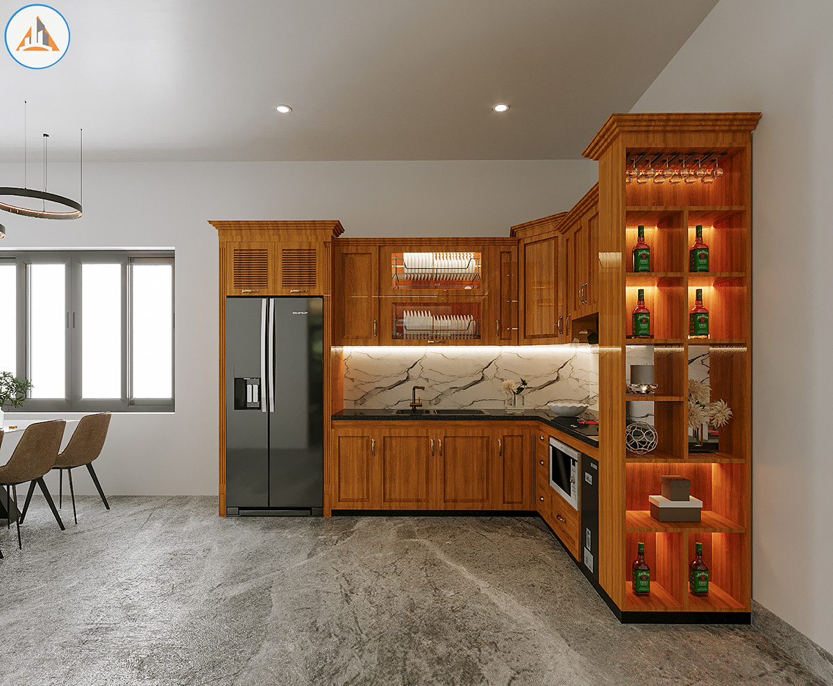 Thiết kế tủ bếp nhôm kính màu vân gỗ với phần mềm Sketchup và vray