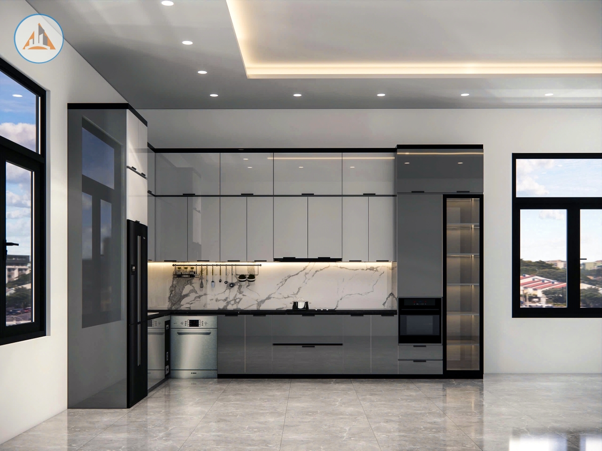 Chốt thiết kế 3D tủ bếp chữ L chất liệu inox cánh kính màu trắng kết hợp màu ghi thanh lịch