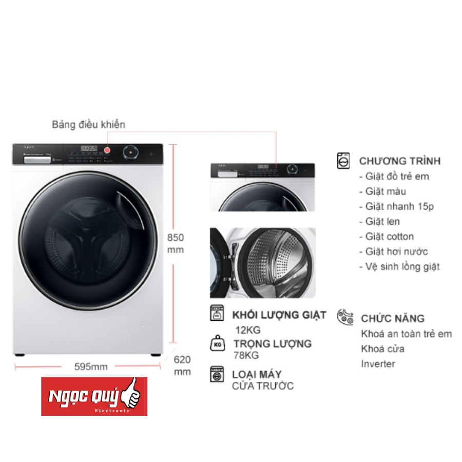 Máy giặt lồng ngang Aqua 12kg DD INVERTER AW12-B4959U1K(W) Mới 100%