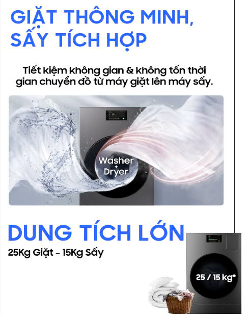 Máy giặt sấy Samsung AI Combo Heatpump Inverter giặt 25 kg - sấy 15 kg WD25DB8995BZSV 2024