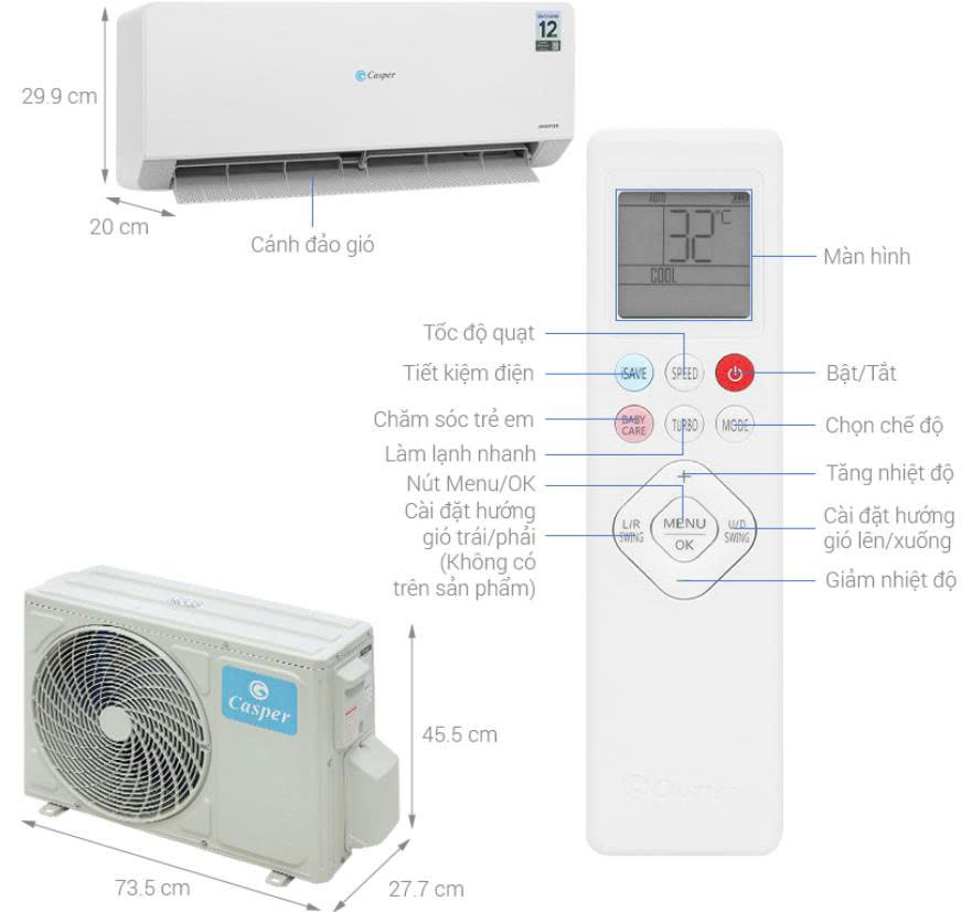 Điều hòa Casper Inverter QC-12IS36 12000BTU Mới 100%