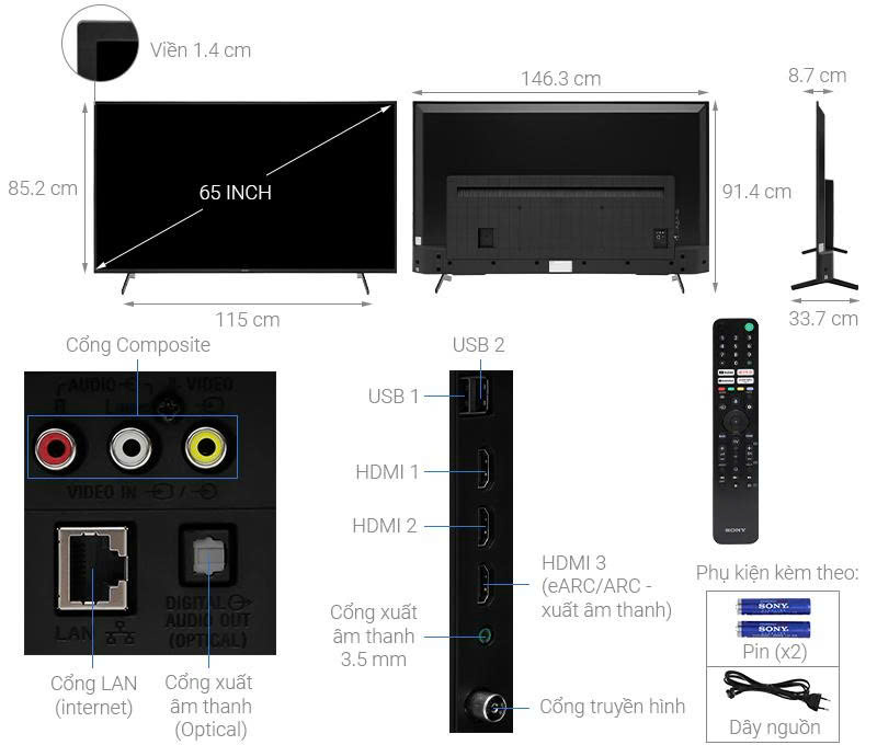 Google Tivi Sony 4K 65 inch KD-65X75KVN3 Mẫu 2026 Mới 100%