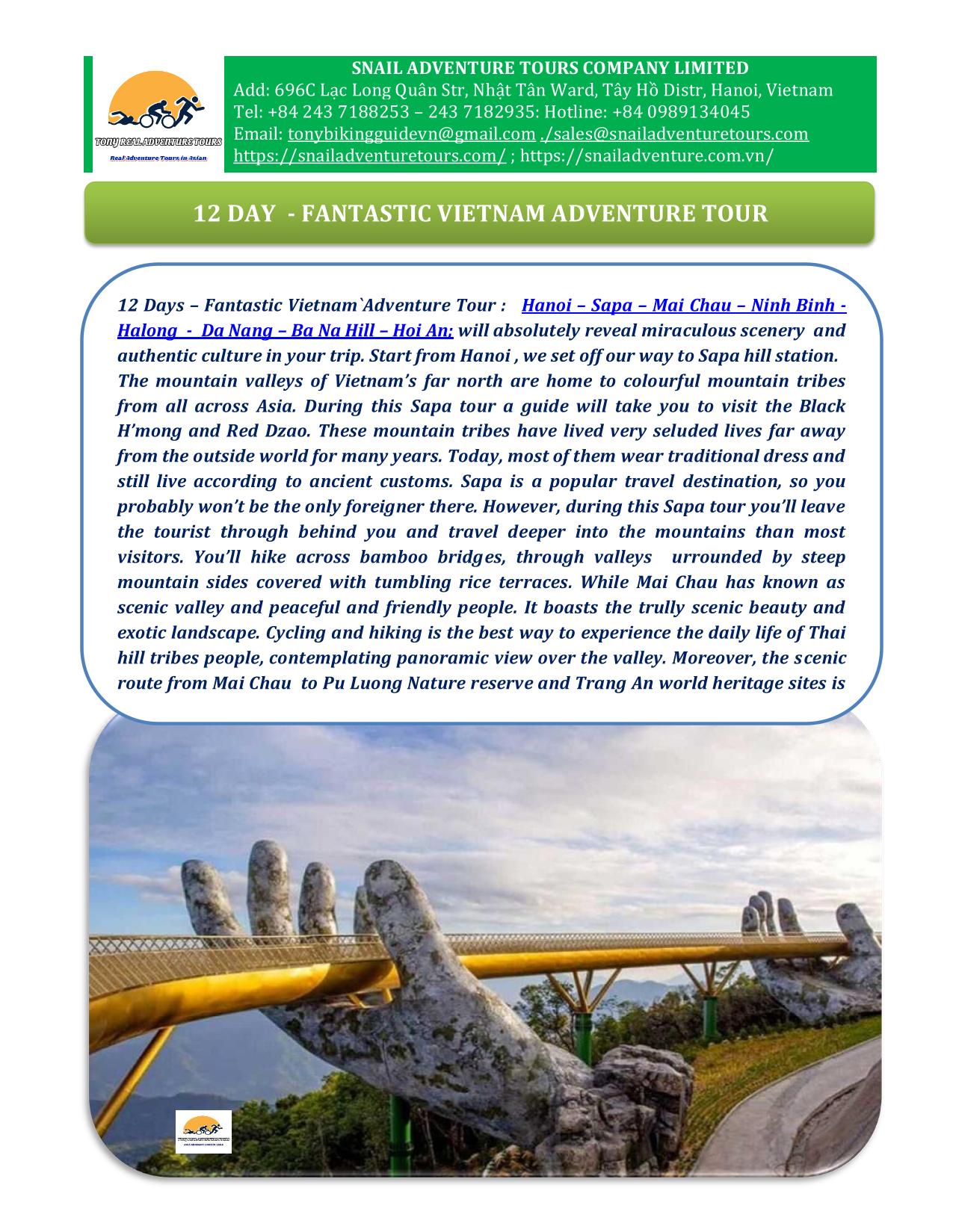 12 DAY HANOI - HALONG - BANA HILL ADVENTURE TOURS