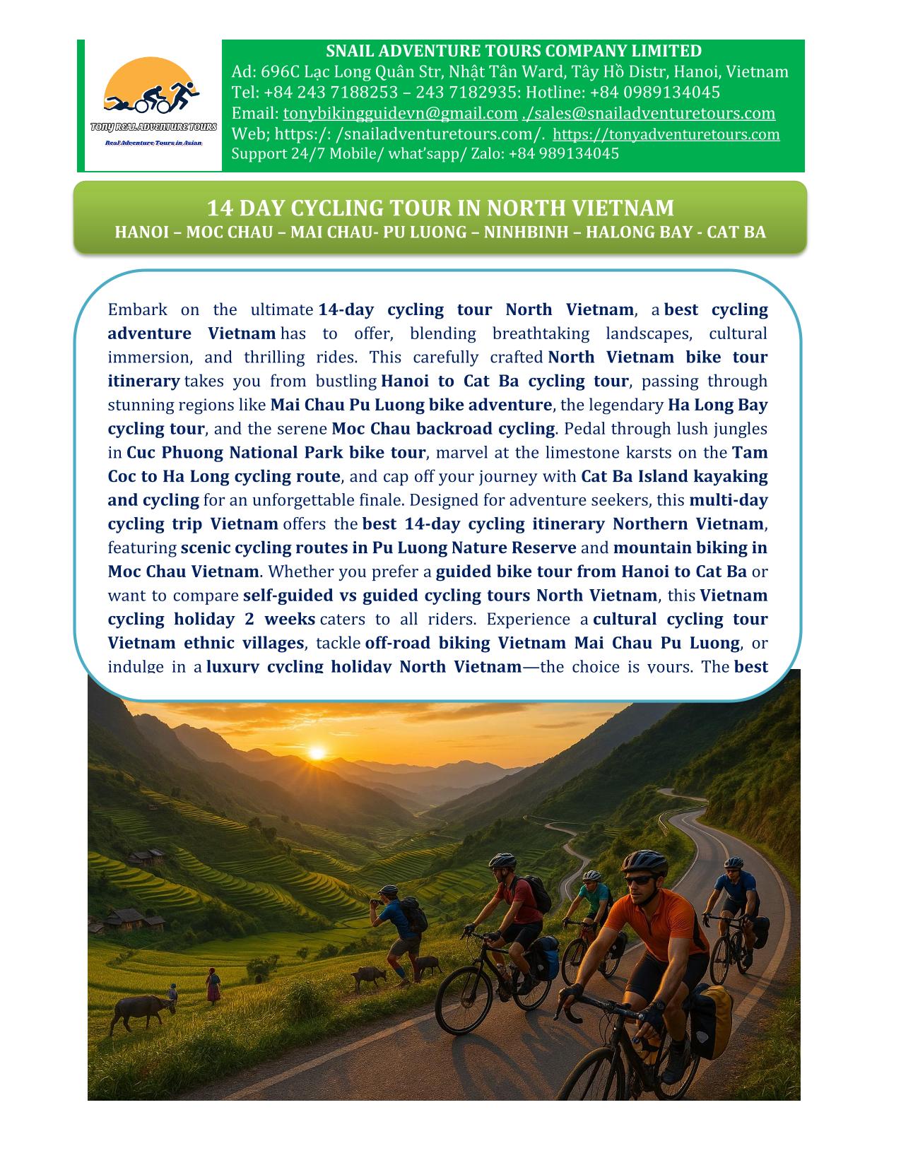 14 DAY NORTH VIETNAM CYCLING ADVETURE TOURS: HANOI -NINH BINH - HALONG