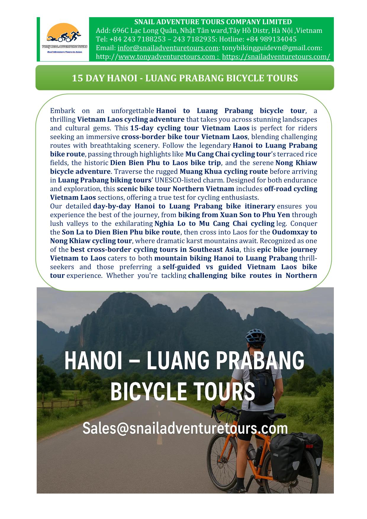 15 DAY HANOI -LUANG PRABANG BICYCLE TOUR: VIETNAM -LAOS CROSS BORDER ADVENTURE
